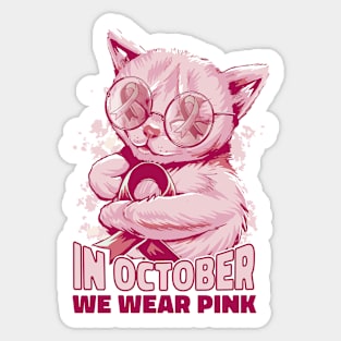 In October We Wear Pink Cute Cat Ribbon Sticker